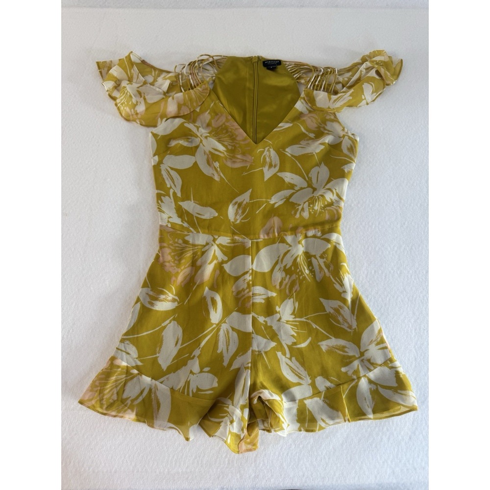 Marciano Los Angeles Mustard Yellow Floral Cold Shoulder Ruffle Romper Size 4